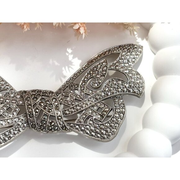 Silver Toned Marcasite Accented XL Ribboned Bow Vintage Brooch Pin - Picture 2 of 10